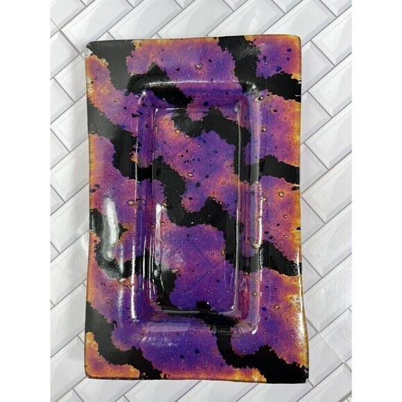 Fused Art Glass Medium Multicolored Trinket Tray Hanging Wall Art Bowl Signed - Picture 1 of 10